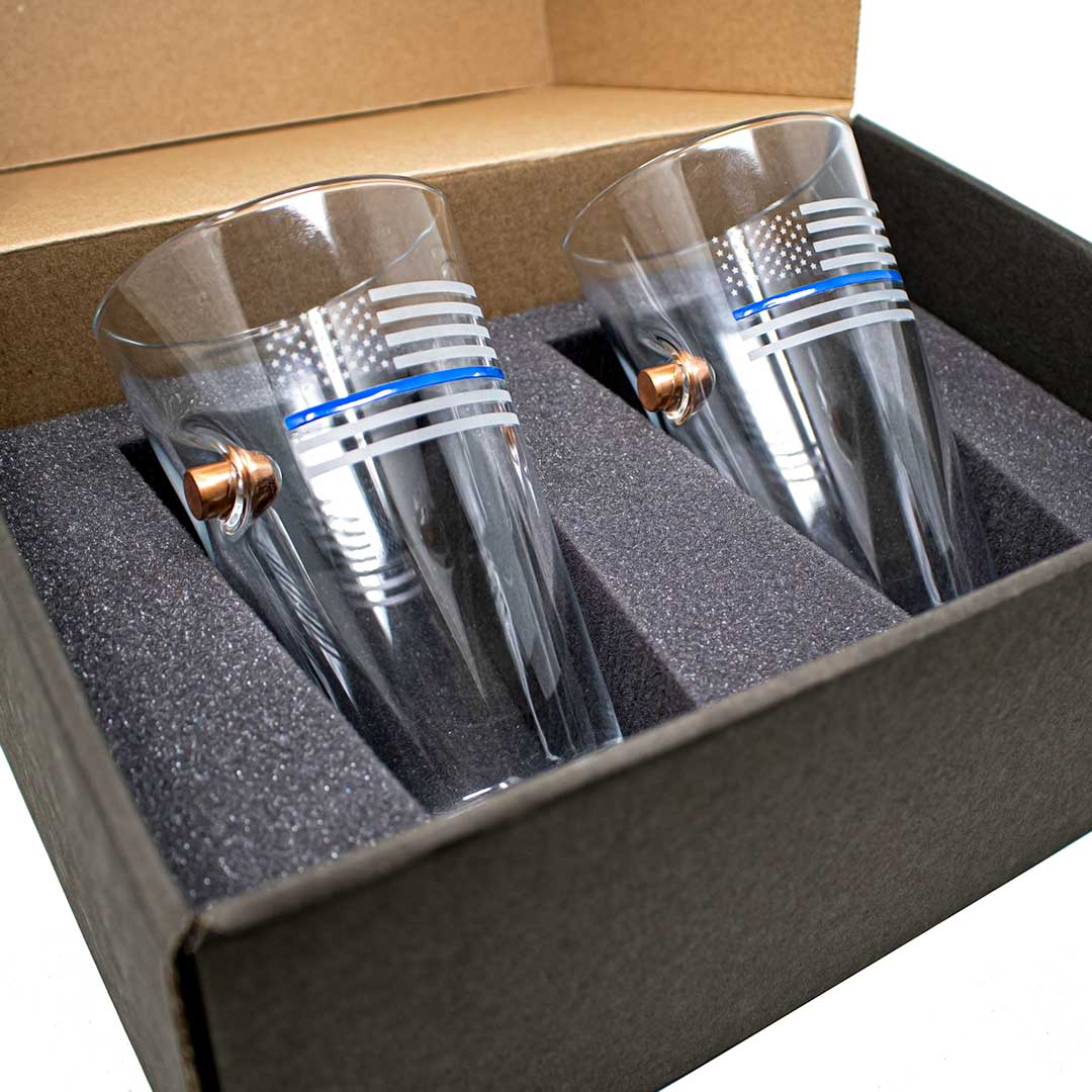 BenShot - .45 ACP Thin Blue Line American Flag "Bulletproof" Pint Glasses - GIFT SET OF 2