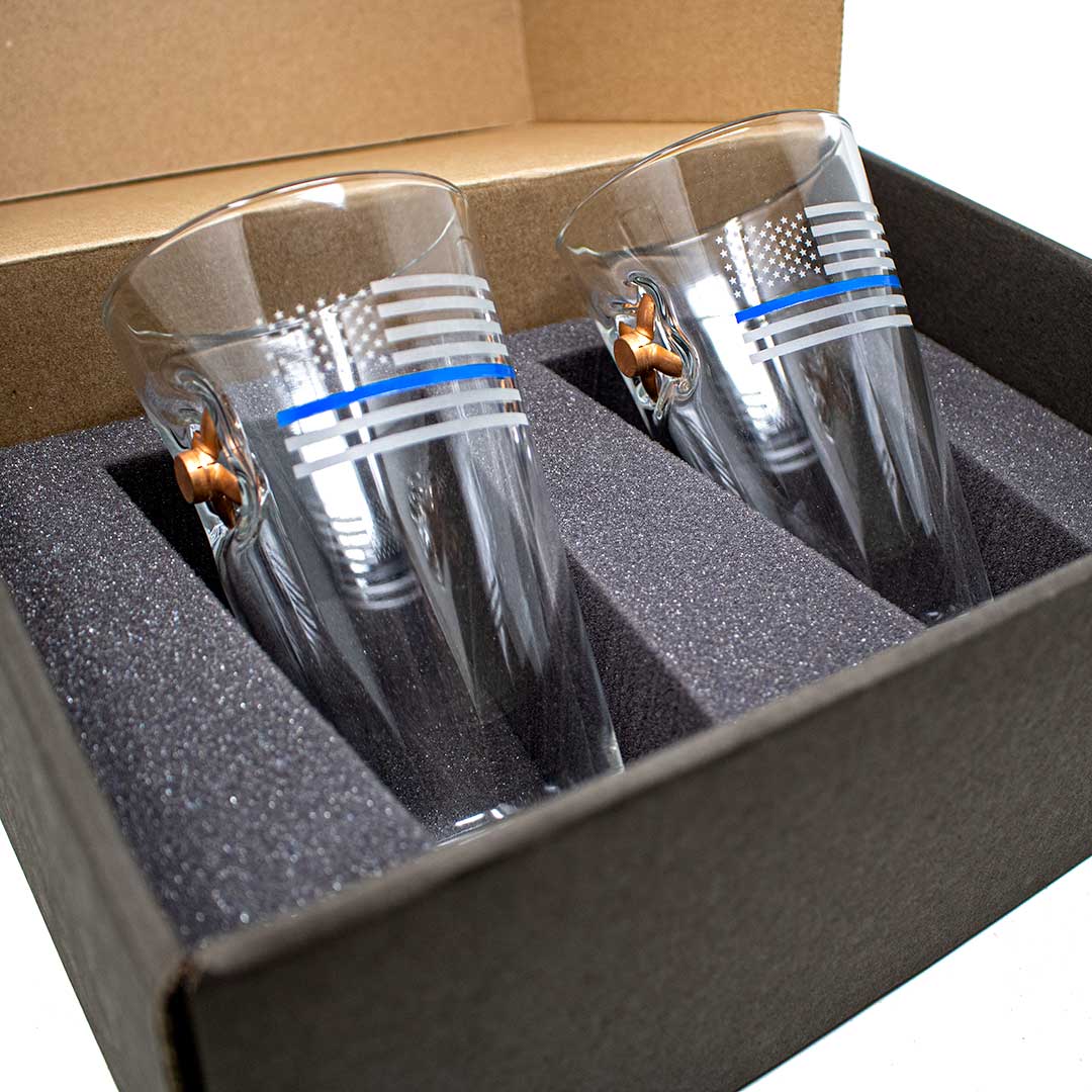 BenShot - .45 ACP Expanded Thin Blue Line American Flag "Bulletproof" Pint Glasses - GIFT SET OF 2