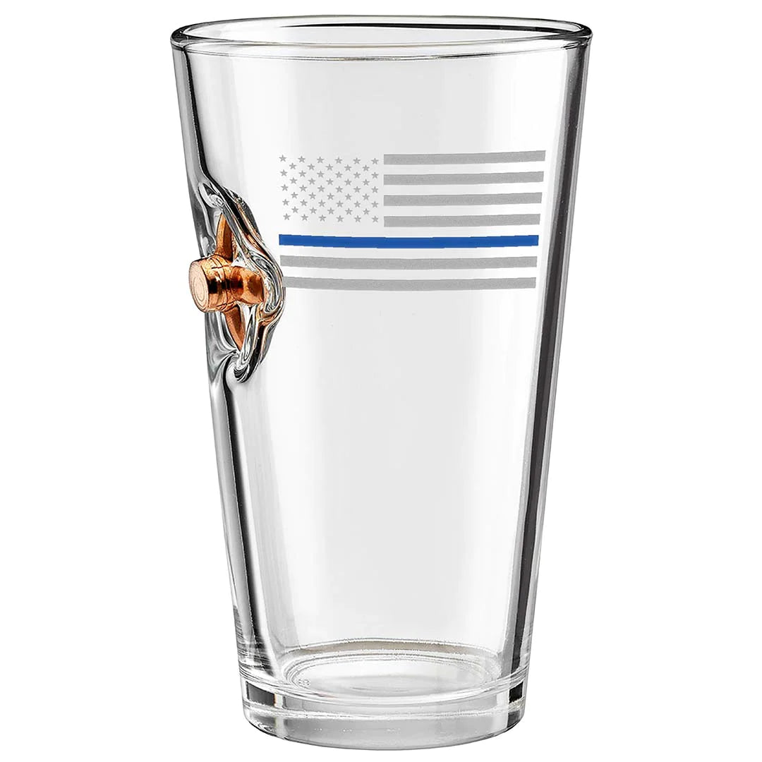 BenShot - .45 ACP Expanded Thin Blue Line American Flag "Bulletproof" Pint Glasses - GIFT SET OF 2
