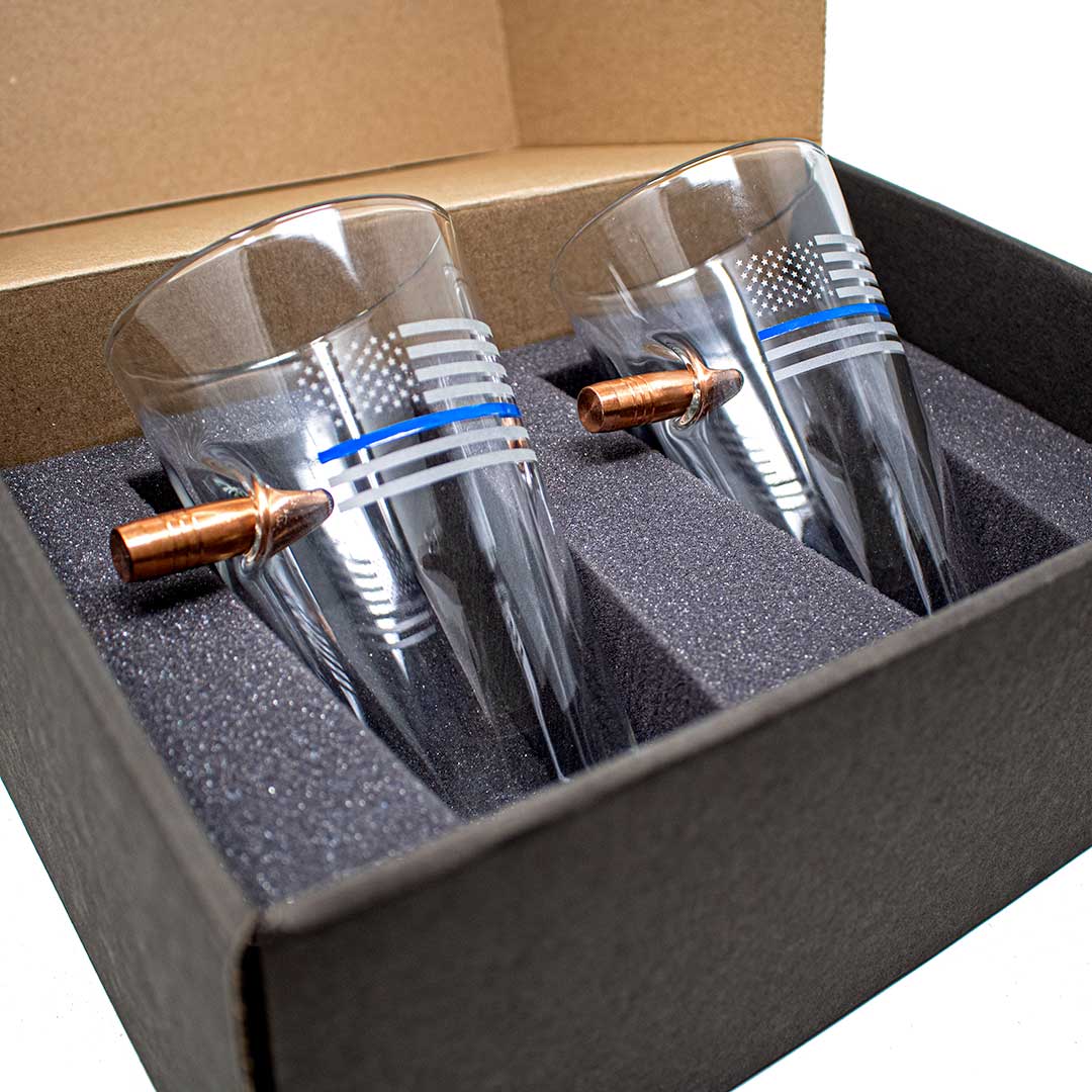 BenShot - .50 BMG Thin Blue Line American Flag "Bulletproof" Pint Glasses - GIFT SET OF 2