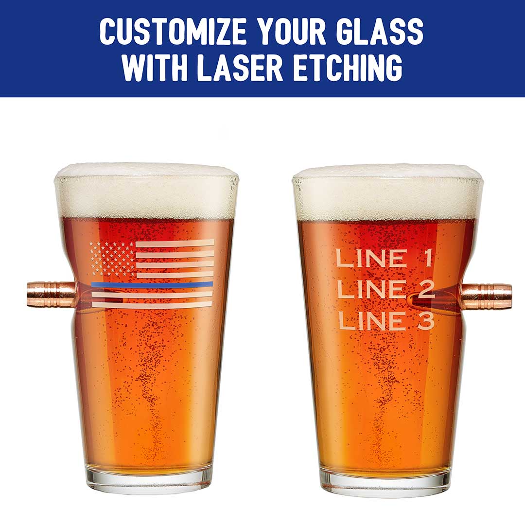 BenShot - .45 ACP Thin Blue Line American Flag "Bulletproof" Pint Glasses - GIFT SET OF 2