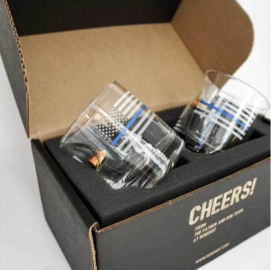 BenShot - 45ACP - Thin Blue Line Rocks Glasses - GIFT SET OF 2