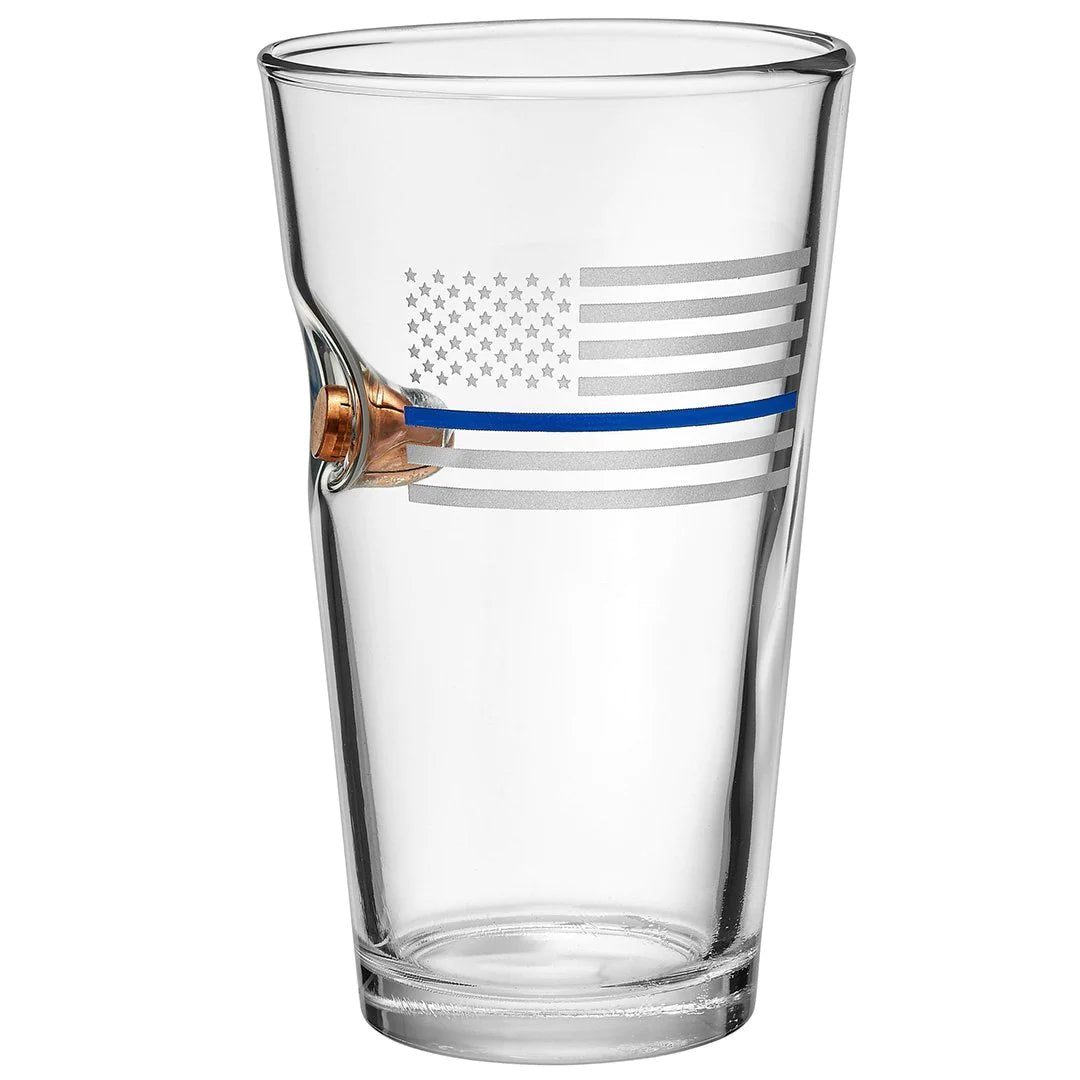BenShot - .45 ACP Thin Blue Line American Flag "Bulletproof" Pint Glasses - GIFT SET OF 2