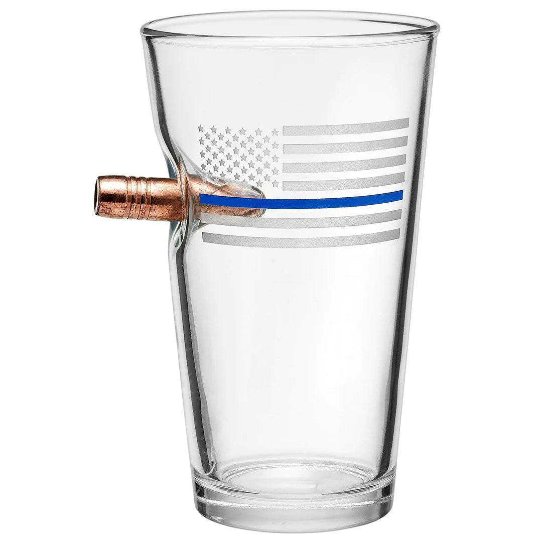 BenShot - .50 BMG Thin Blue Line American Flag "Bulletproof" Pint Glasses - GIFT SET OF 2